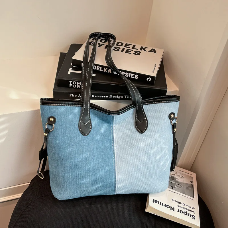 One-shoulder Bag Hand-held Commuter  Women Fashion Color-block Splicing Tote Bag Casual and Large Capacity Spring
