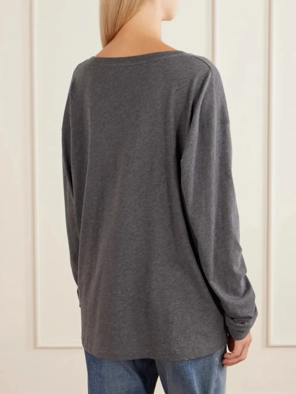 Imported Soft-Touch Cotton V-Neck Long-Sleeve T-Shirt with Drop Shoulders