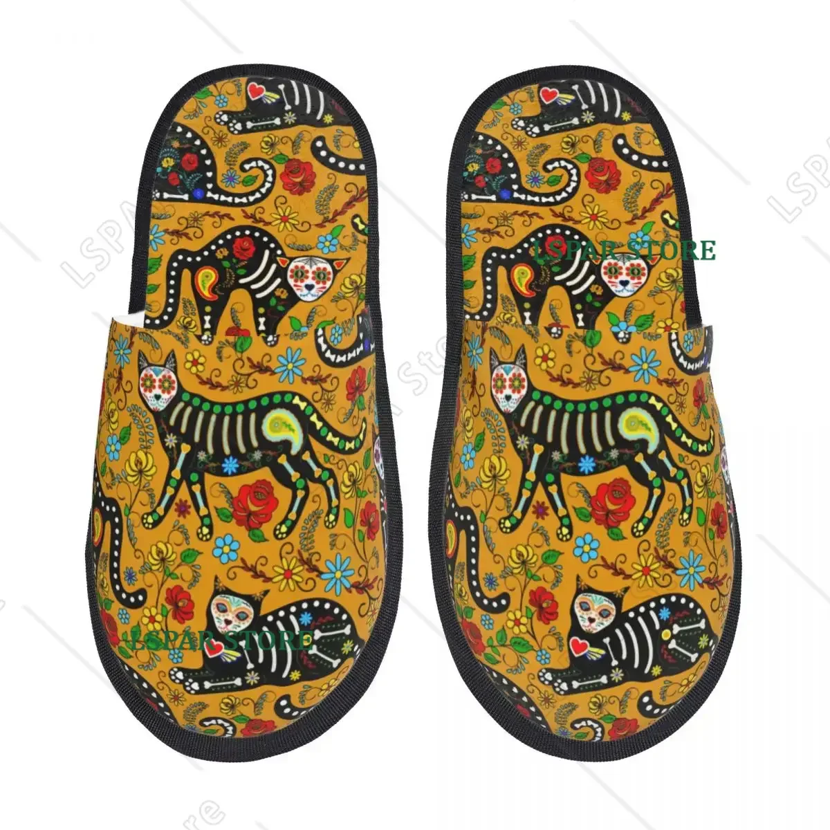 Custom Mexican Sugar Skull Black Cats Memory Foam Slippers Women Comfy Warm Day Of The Dead House Slippers