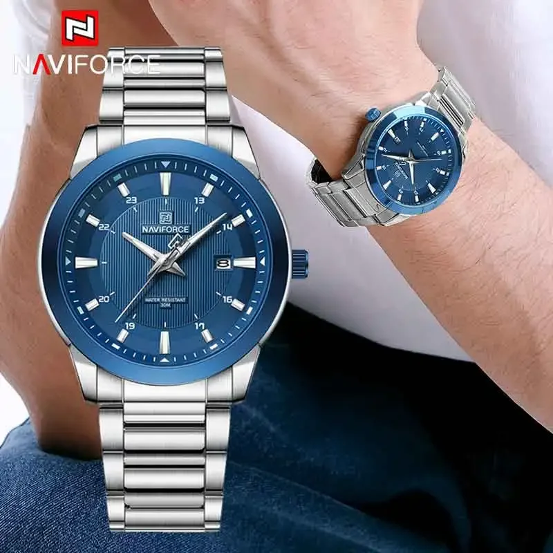 NAVIFORCE Original Design Fashion Men's Quartz Watch Stainless Steel Simple Calendar Male Waterproof Watch Relogio Masculino