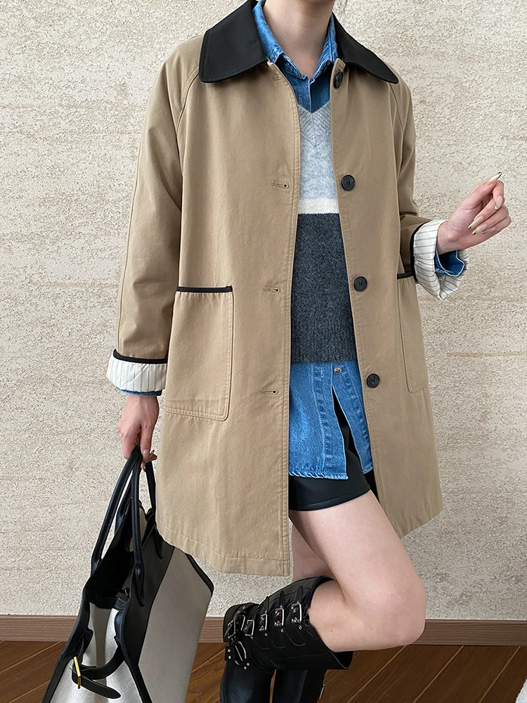 [EAM] Women Khaki Color-block Big Size Casual Trench New Lapel Long Sleeve Windbreaker Fashion Tide Spring Autumn 2024 1DH7514