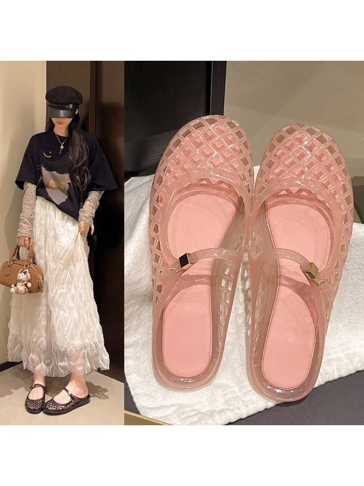 Damen Luxus Kristall Jelly Mary Jane Flache Sandalen mit Aushöhlungen, Atmungsaktiv, Geschlossene Zehenpartie, Sommer Casual Rutschfeste Slip-on Schuhe