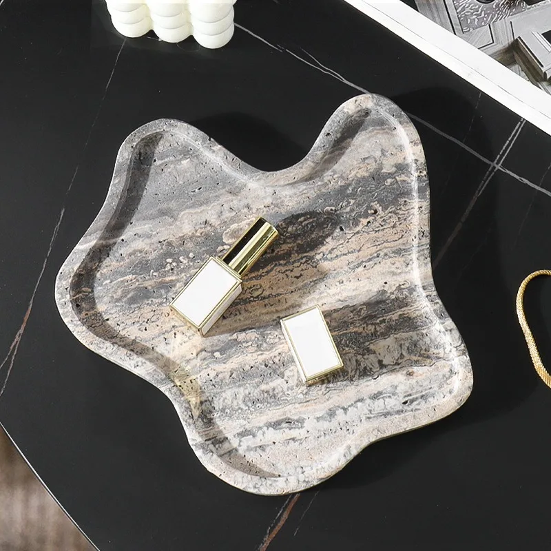 Wabi Sabi Luxury Travertine Irregular Tray, Decorative Storage Plate for Jewelry & Fruit,Unique Tabletop Stone Ornament for Home