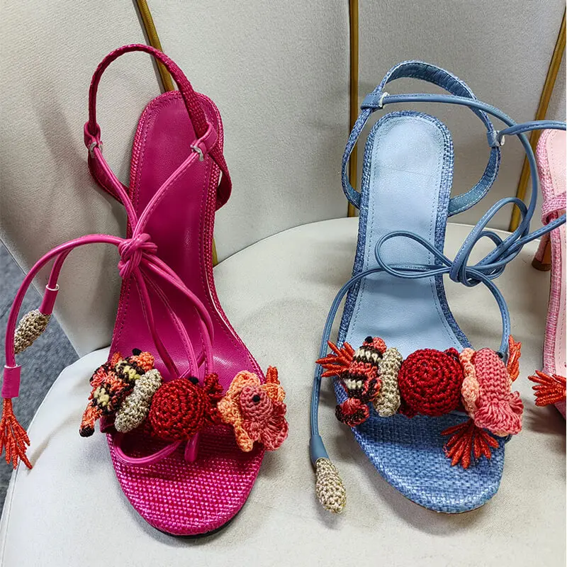 Onlymaker Women Open Round Toe Woven Embellished Ankle Strap Sandals Thin Heel Big Size Sandals