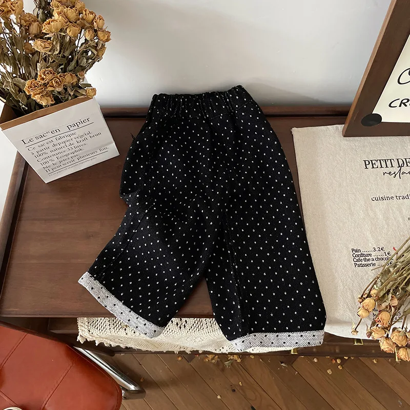 2025 primavera otoño niños niñas pantalones de pierna ancha puños de puntos cintura elástica pantalones sueltos para niñas pequeñas pantalones casuales versátiles para niñas