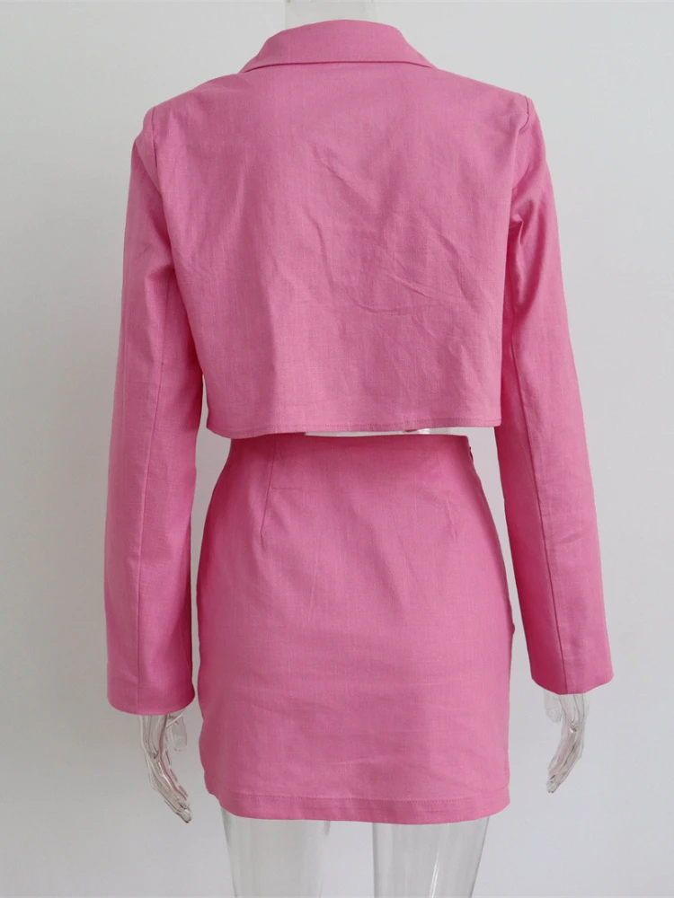 Conjunto de duas peças de lapela coreano rosa feminino, terno elegante, casaco e saia, roupas elegantes, novidade para primavera e verão