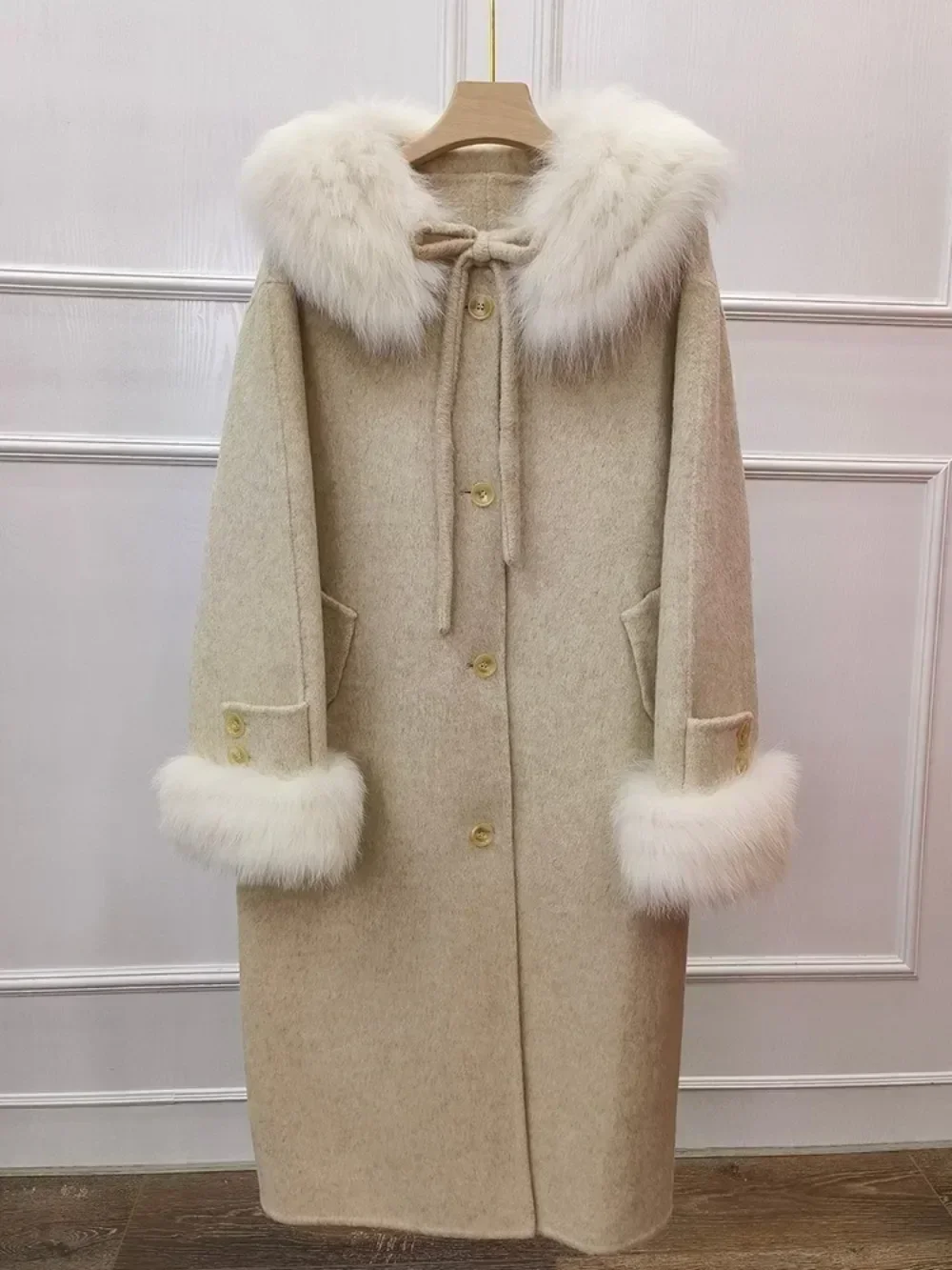 2024 خريف شتاء جديد معطف الصوف الفراء طويل دافئ واحد زر سترة الكشمير معطف الصوف المرأة الطبيعية الثعلب الفراء سترة الإناث