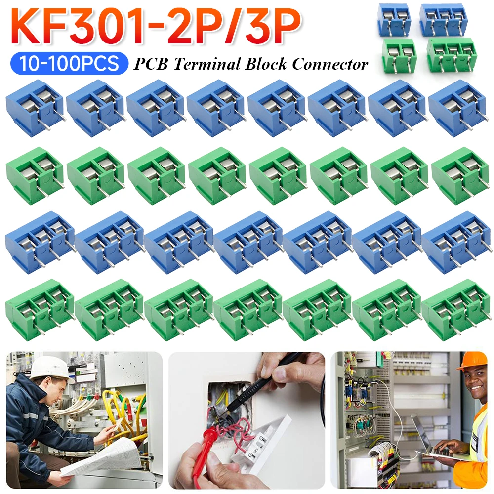 10-100PCS KF301 2P/3P PCB Terminal Block Connector Blue Green PCB Screw Terminal Block Connector Assortment Kit for Arduino