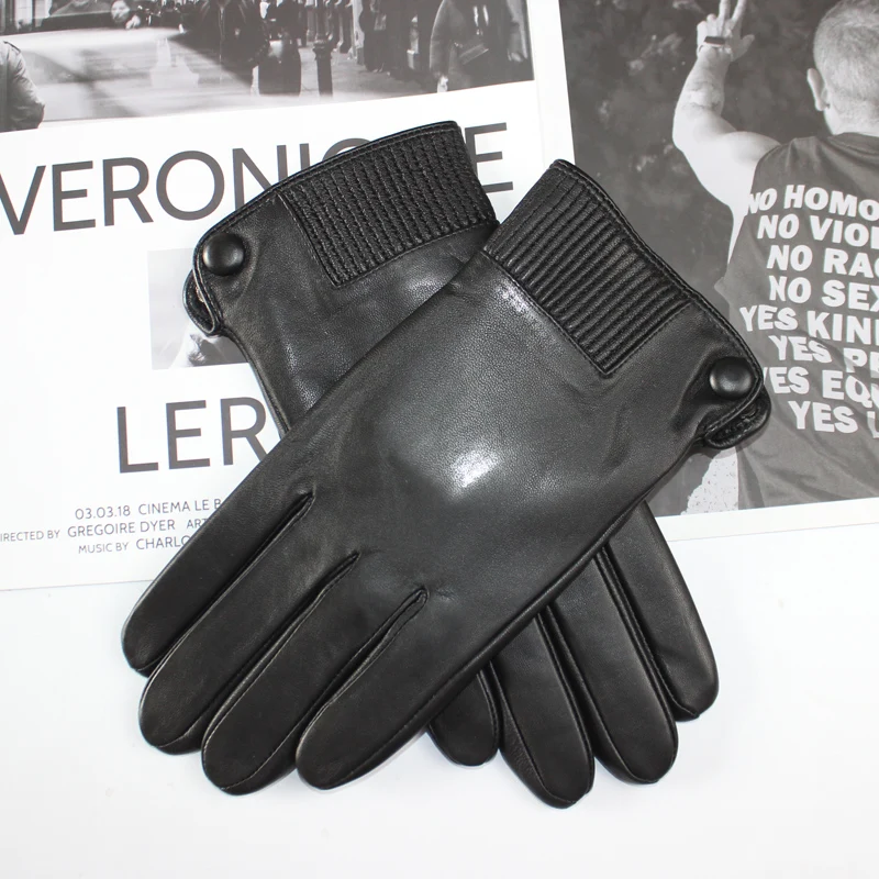 Men's Sheepskin Touch Screen Gloves Fashion Button Style Windproof Warm Velvet Driving Gloves Winter