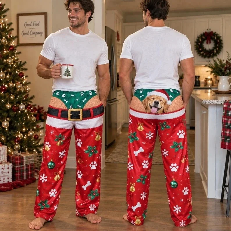 2026 Men and Women's Funny Christmas Wide Pants Gingerbread Dog Claw Fake thong Hollow Print Christmas Family Party Mischief