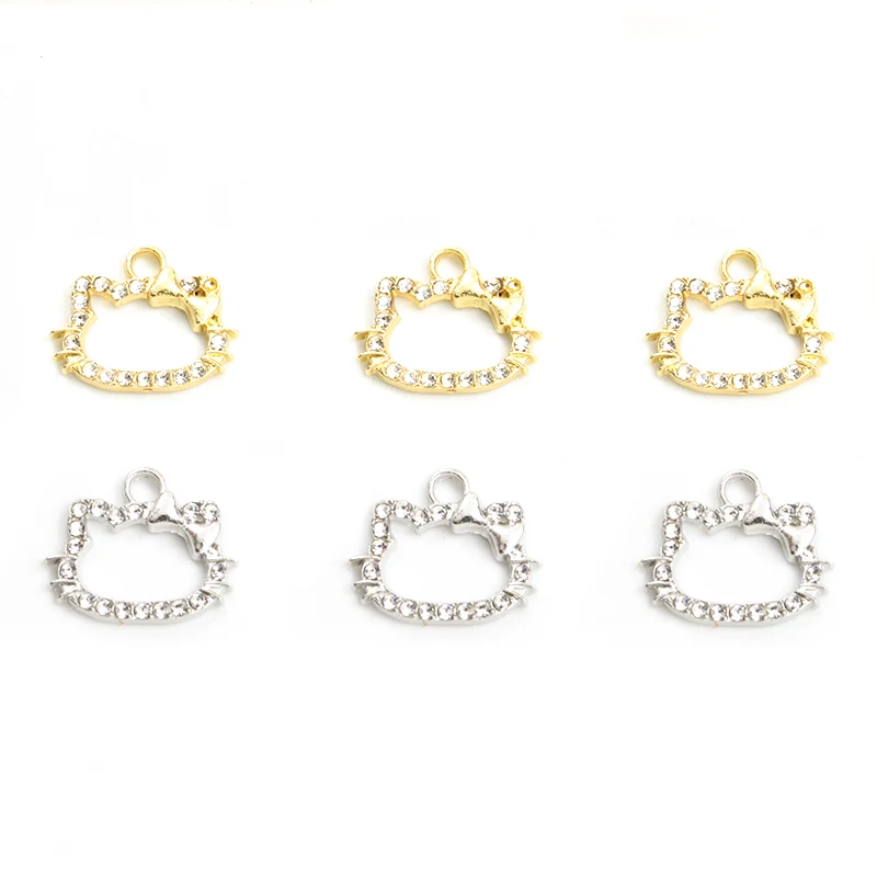 20pcs Kawaii Cat Kitten Head Crystals Rhinestones Metal Charm Pendant DIY Jewelry Making Handmade Bracelet Accessories Wholesale