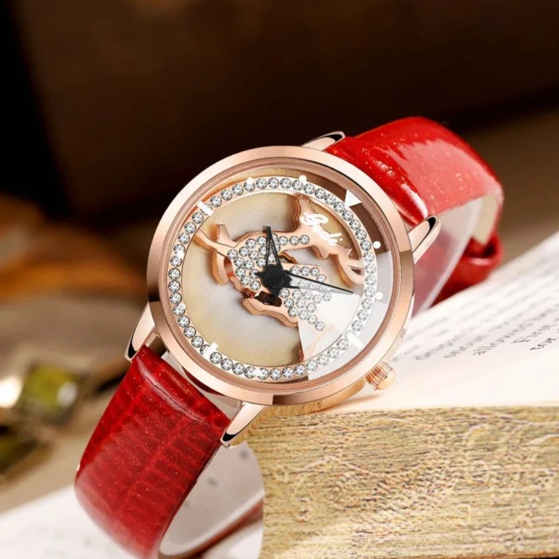 

Роскошные женские кварцевые часы с вращающимся циферблатом, ремешок из натуральной кожи, элегантные повседневные водонепроницаемые модные наручные часы, подарок