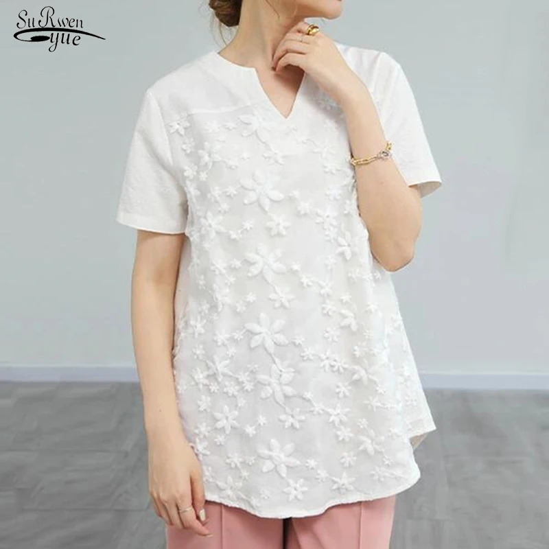 Summer Elegant Embroidered Short Sleeve Lace Shirt Fashion Loose White Blouse Tops Casual Solid V-neck Pleasure T-shirt 20449