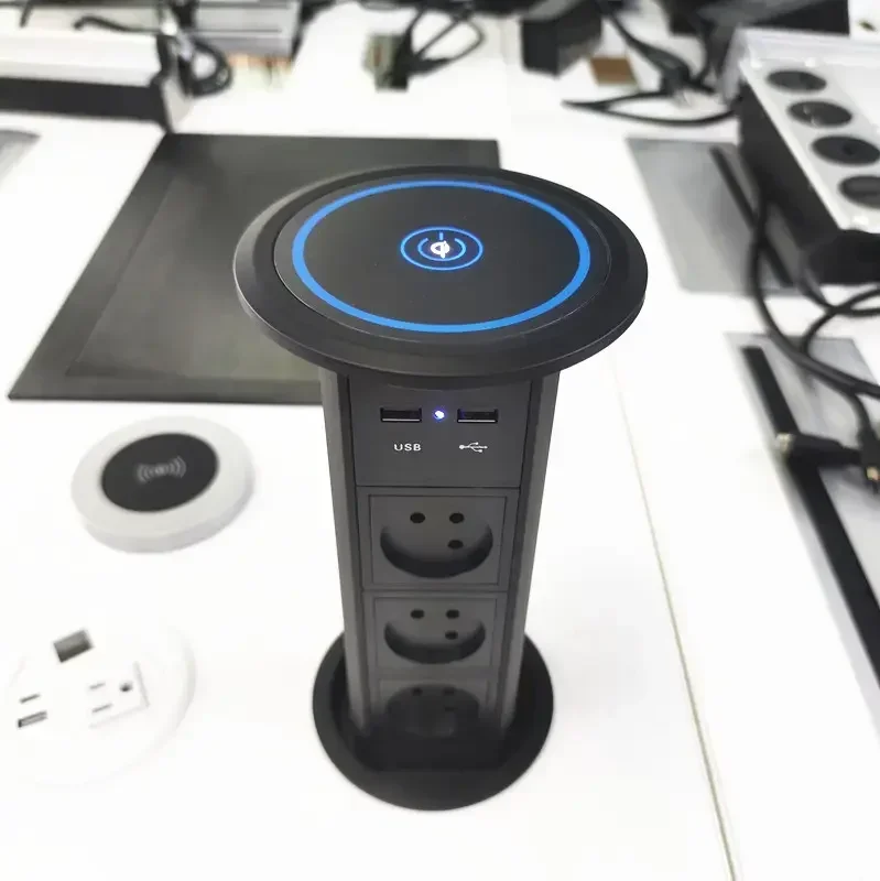 

EU Power 100 Mm Hole Automatic Motorized Intelligent Electric Kitchen Pop Up Outlet with Wireless Chargin