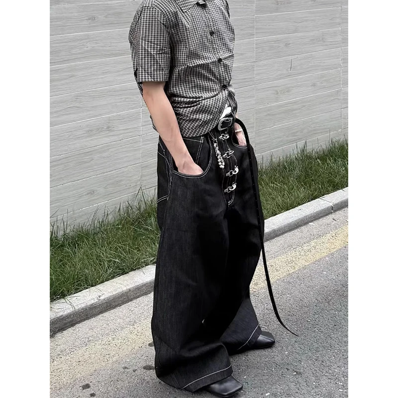 جينز رجالي أسود قوطي Y2k كبير الحجم Harajuku عتيق 90s فضفاض من قماش الدنيم بنطلون ياباني 2000s نمط صديقها جينز سروال الخريف #3
