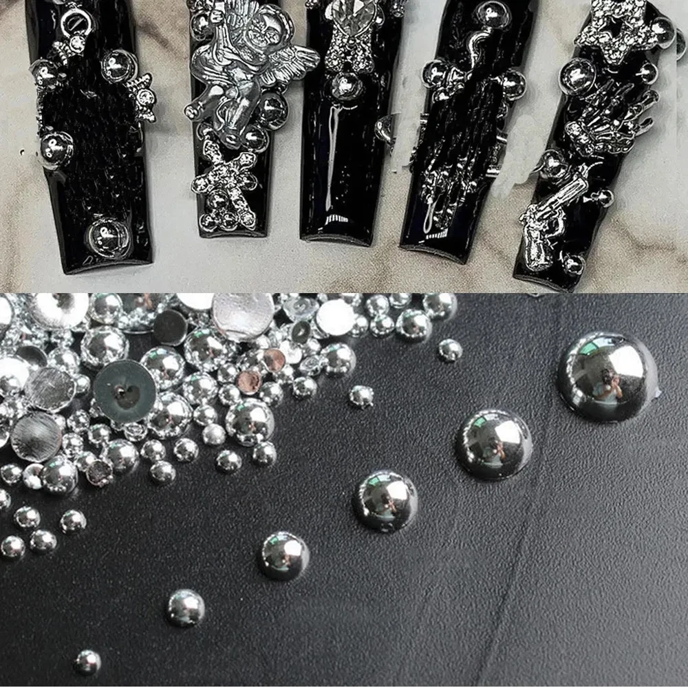 100pcs/ Gothic Design Nail Pearl Charm,Punk Style Mineral Silver Half Round Pearl for Nails Tips,DIY Nail Art Gothic Supplies