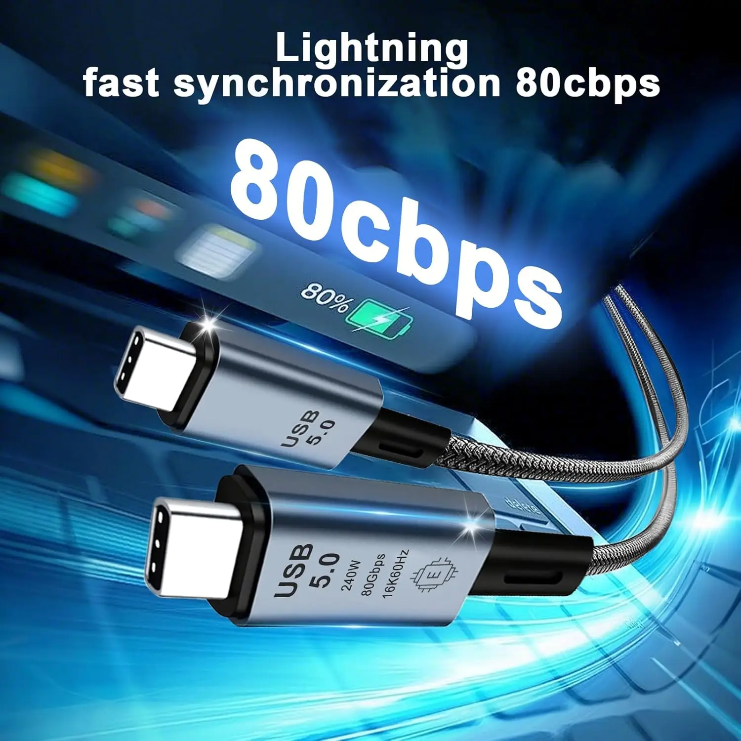 USB5.0 Type-C Cable, 80Gbps High-Speed, 240W Fast-Charging, Full-Function, Male To Male for 16K Video Data Transmission