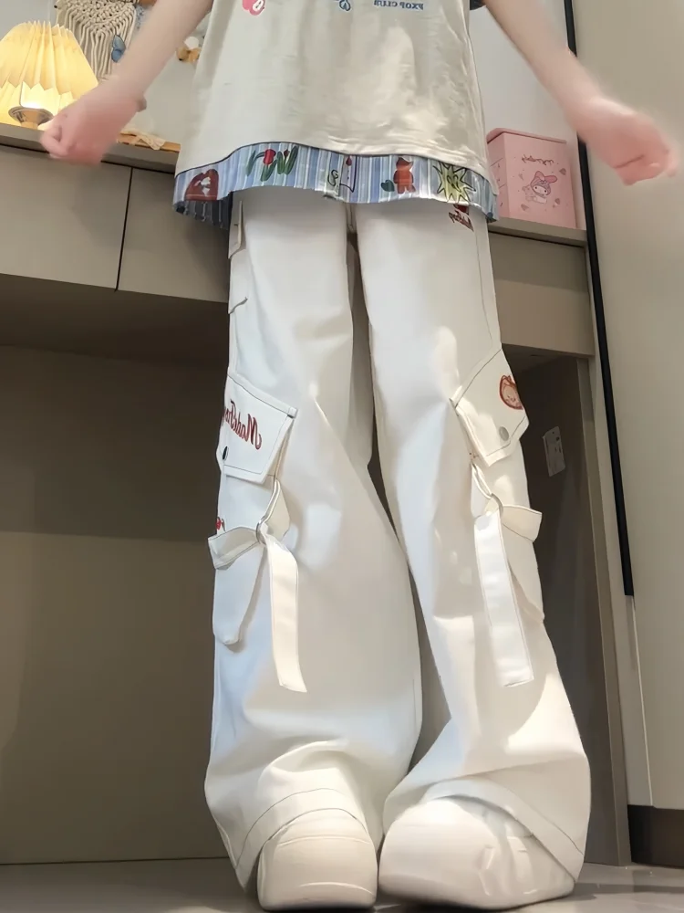 

Американские ретро-джинсы из денима для женщин, повседневные широкие брюки с вышивкой и нашивками, с высокой талией, свободного кроя, осенняя мода