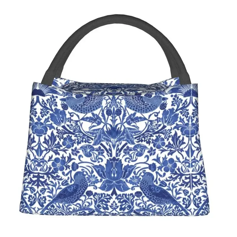 Porcelain Blue Oriental Bird Pattern Insulated Lunch Tote Bag for Women Chinoiserie Portable Thermal Cooler Bento Box Travel