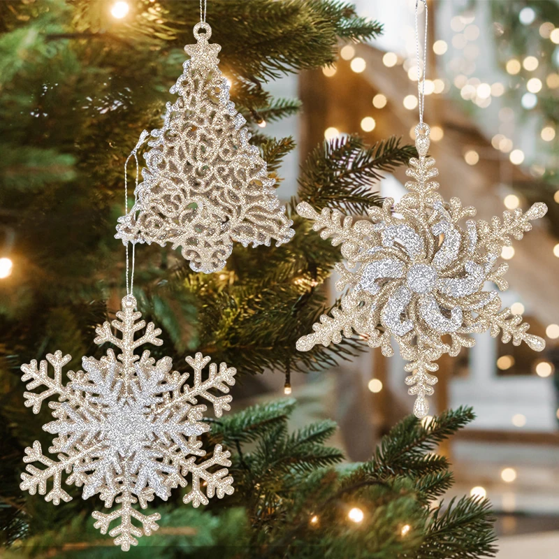 Glitter Christmas Ice 3D Snowflake Xmas Tree Hanging Ornaments Star Wreath Pendants For Home Noel Christmas Decoration New Year