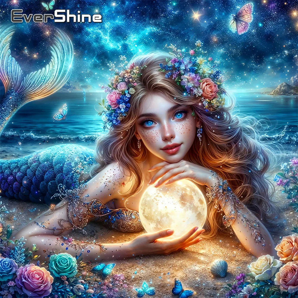 EverShine Diamond Embroidery Portrait Girl Full Drill Painting Mermaid 5D DIY Rhinestones Mosaic Rose Picture Moon Handmade Gift