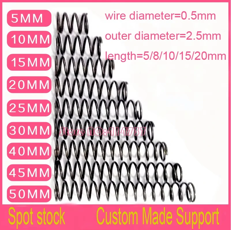 50pcs 0.5*2.5mm series small spot spring 0.5mm wire compression pressure springs 0.5*2.5*5/8/10/15/20mm