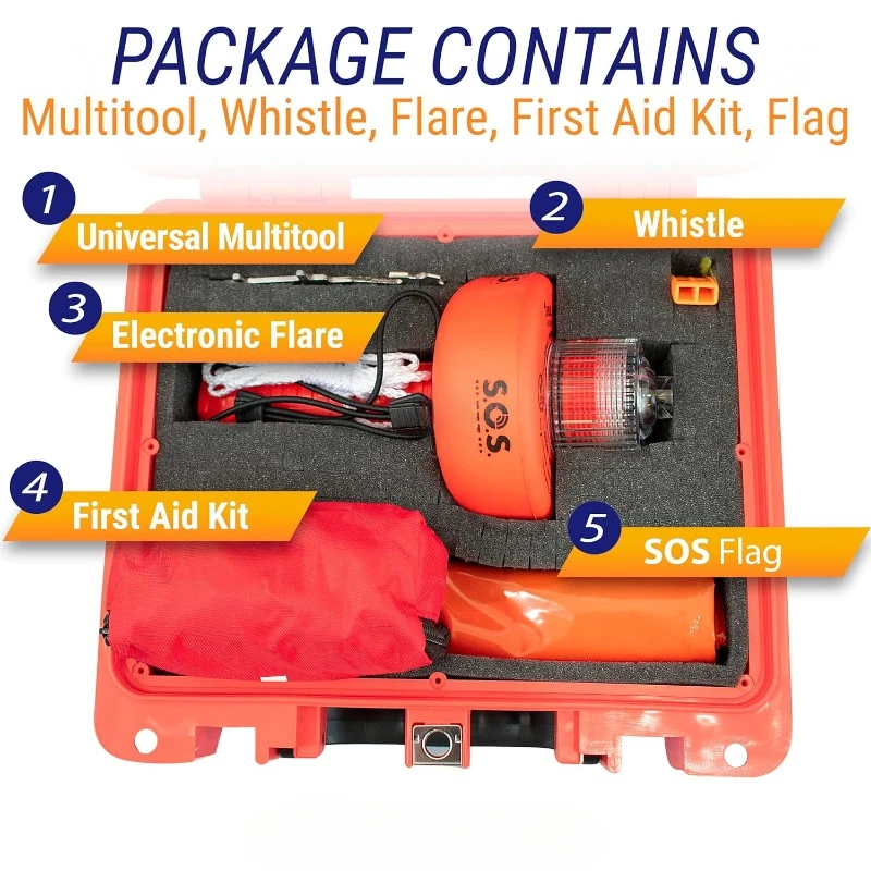 USCG Approved Boat Safety Kit - Multi Tool  Waterproof Case Coast Guard Boating Marine Flares Emergency Distress Signals