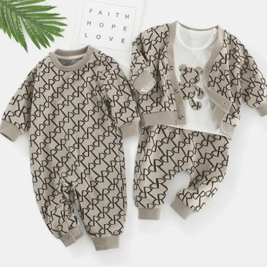 Baby Spring and Autumn Kids Clothes Set Baby Girl Boy Full Print Knited Cardigan Pants Two Piece Suit