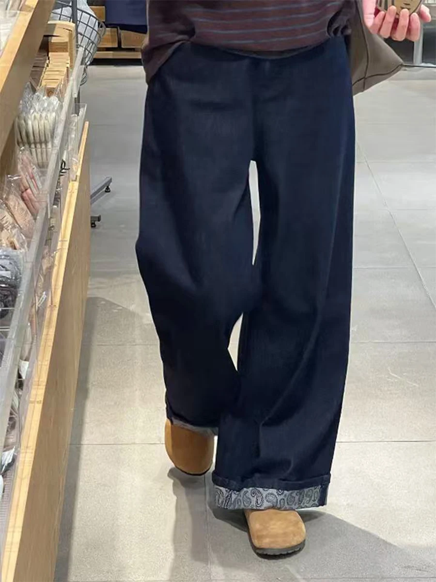 

Джинсы женские винтажные, синие, свободного кроя, с высокой талией, прямые, широкие штанины, для полных, осенняя одежда, корректирующие фигуру