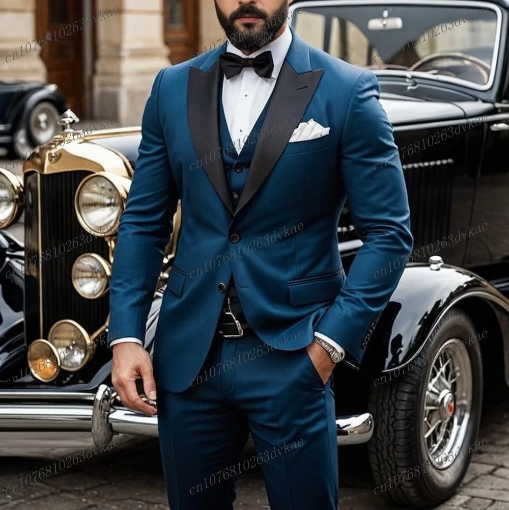 

Black Lapel Blue Formal Business Men Suit Groom Groomsman Wedding Party Prom Male Tuxedos 3 Piece Set Blazer Vest Pants