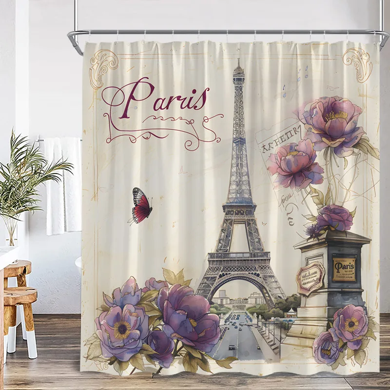 Paris Tower Shower Curtain Watercolour Floral Butterfly Vintage Art Bath Curtains Polyester Cloth Home Bathroom Decor with Hooks