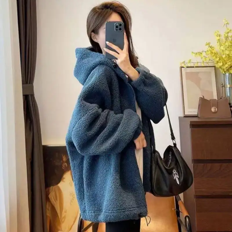 Abrigo de lana de cordero para mujer, cárdigan grueso de lana con capucha holgada, suéter, chaqueta, otoño e invierno