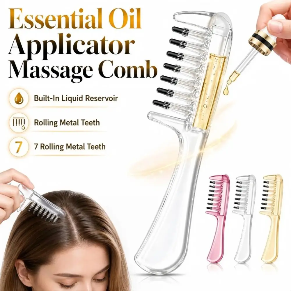 Transparent Essential Oil Applicator Massage Comb Rolling Metal Teeth Liquid Guiding Scalp Massager Comb