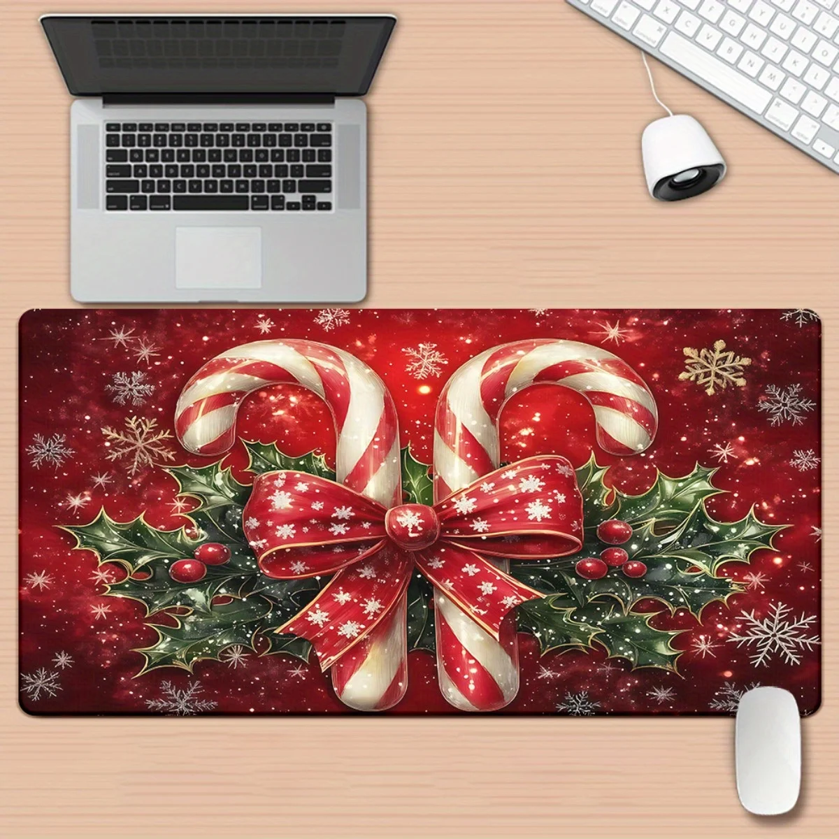 1 tappetino per mouse natalizio con bastoncini di zucchero con strisce rosse e bianche, design con bacche di agrifoglio e fiocchi di neve - Base in gomma antiscivolo per giochi e