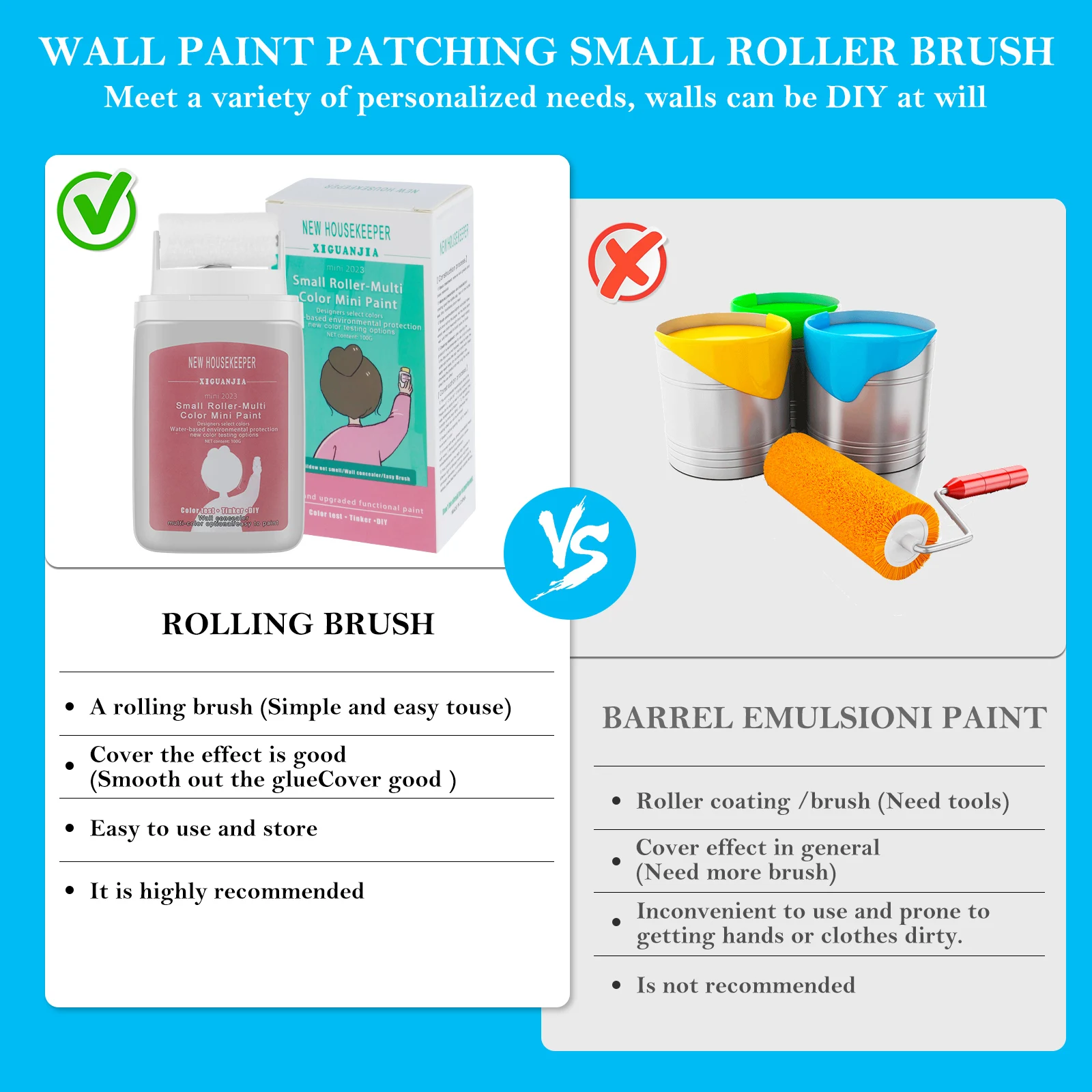 Rouleau de pâte de réparation murale, petit rouleau, brosse de patch mural, 3 papiers de verre, 1 grattoir pour la réparation de bricolage, peinture au latex, 3 pièces