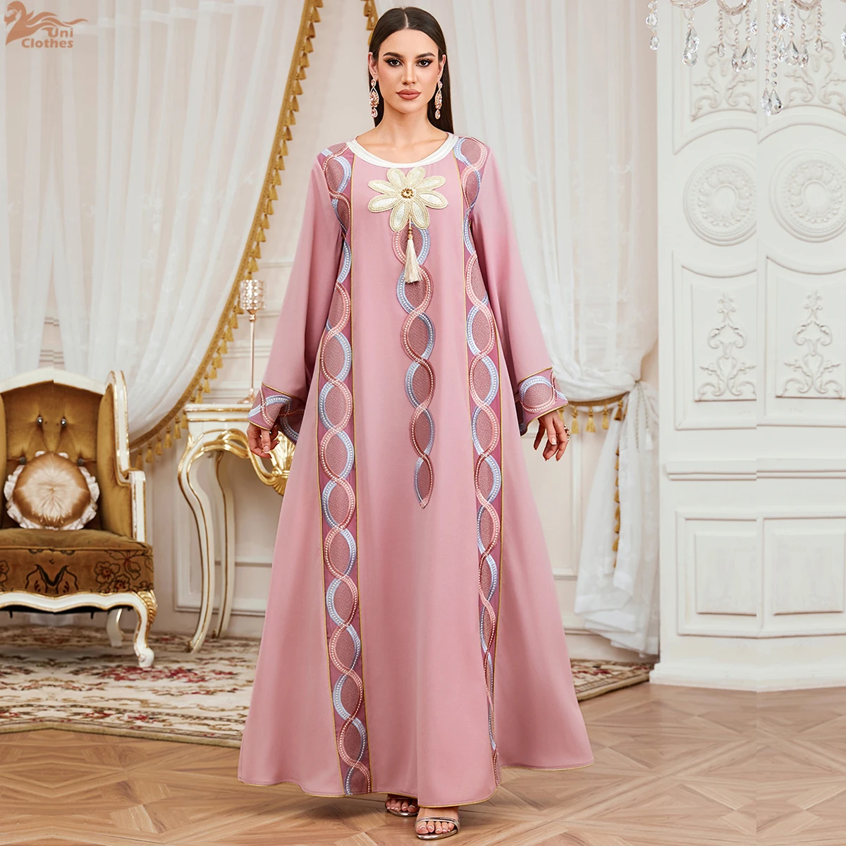 Uni Nieuwe Moslim Elegante Vrouwen Avondjurk Dubai Bloemen Borduren Maxi Abaya Kwastje Vrouwelijke Kleding 2026