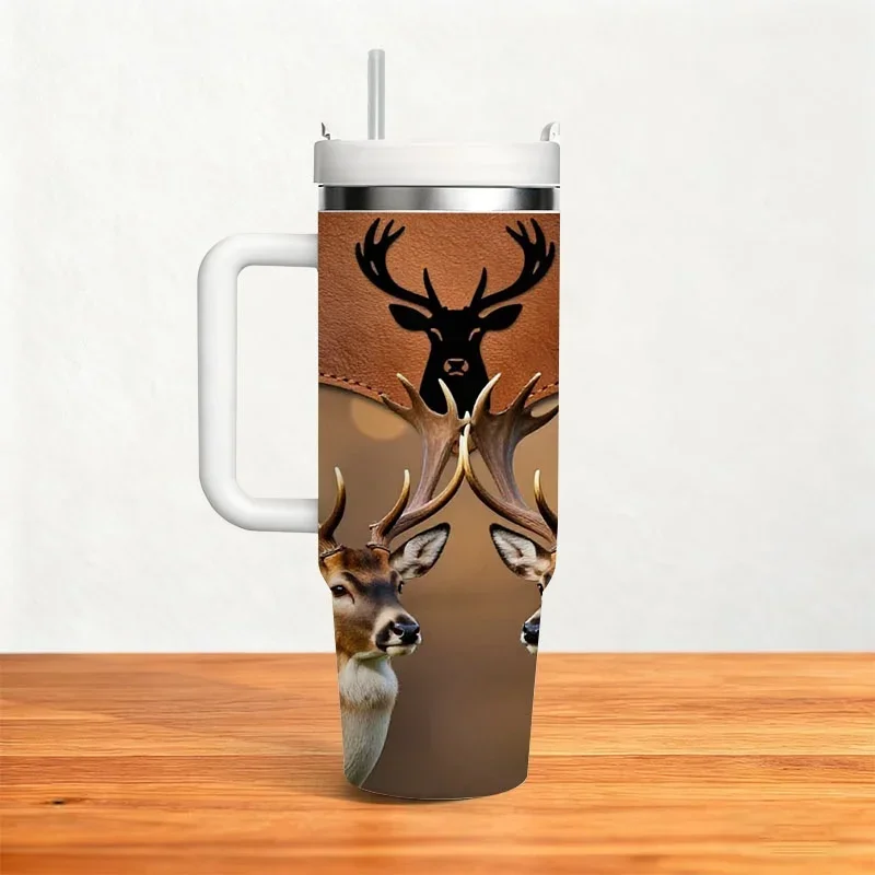 40Oz Stainless Steel Insulated Tumbler, Digital Print of Symmetric Spotted Deers And Deer Head Silhouette on Warm Bokeh Background, Durable Insulated Drink Cup for Daily Outdoor Commute And Office Use