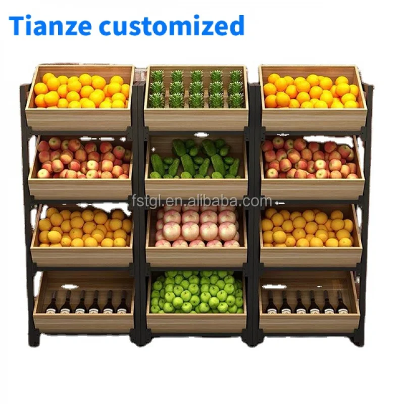 

(Customized) Modern custom wooden 4 tiers retail fruit display stand and rack