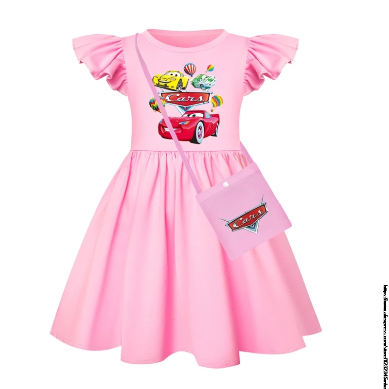 Hot Cars Cartoon Baby Girls Dresses Kids Clothes Cosplay Costume Children's Fly Sleeve Casual Dress With Small Bag Birthday Gift