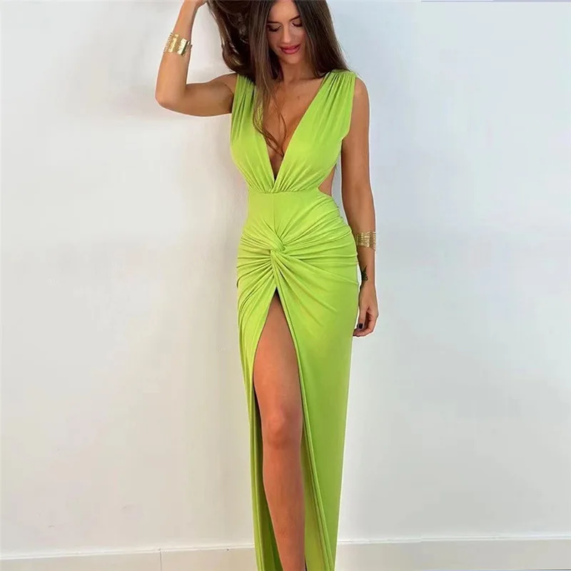 

2024 Summer Sexy Backless Hollow Out Pleat Split Long Dress Women Solid V Neck Sleeveless Twist Slim Spicy Girls Club Party Robe