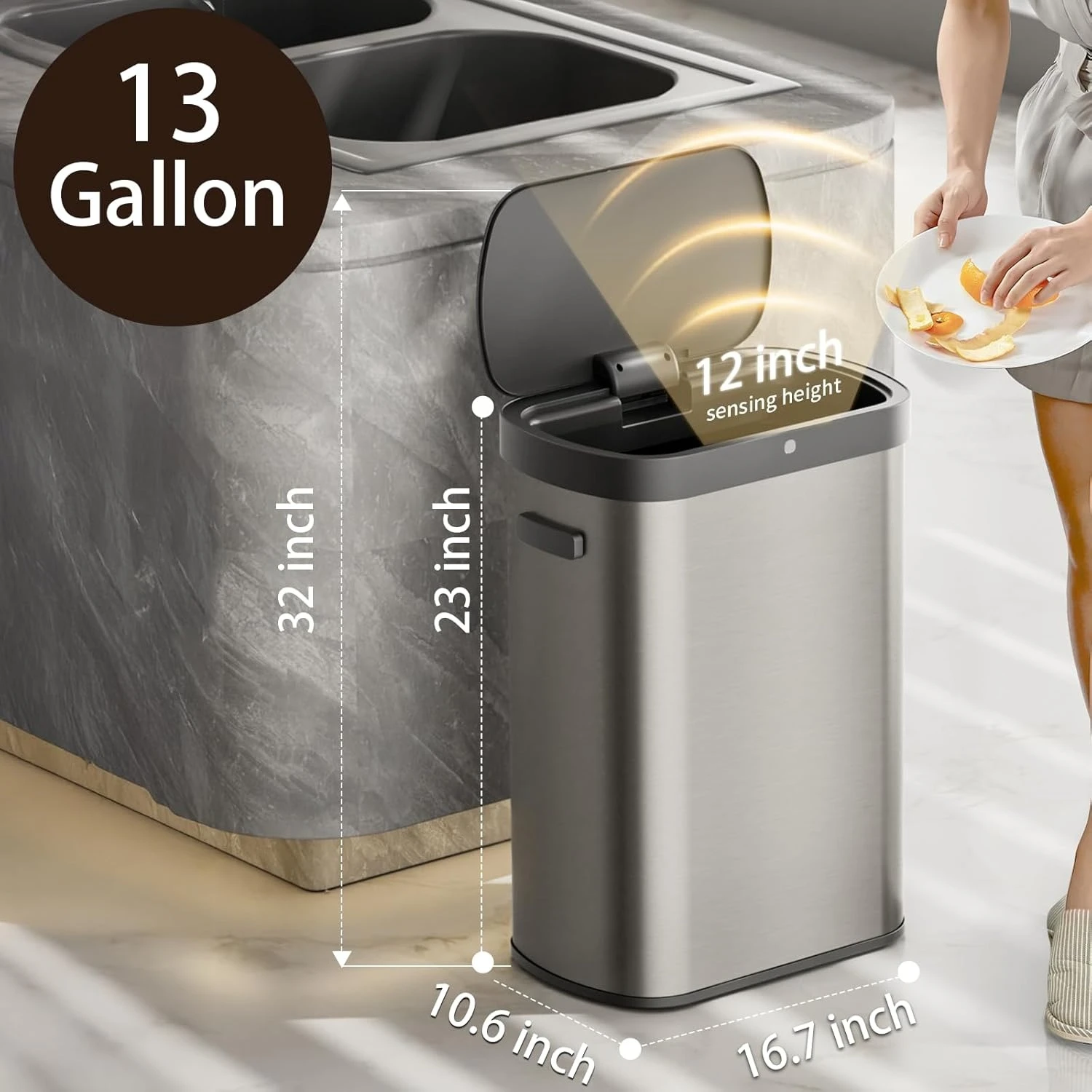 

Stainless Steel Motion Sensor Trash Can, 50L/13gal Automatic Kitchen Garbage Can with Lid Soft-Close Touchless, Customized