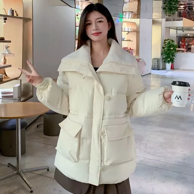 2023 New Women Winter Thicken Lamb Wool Warm Casual Parkas Solid Color Big Pocket Lapel Jackets Fashion Loose Large Size Outwear