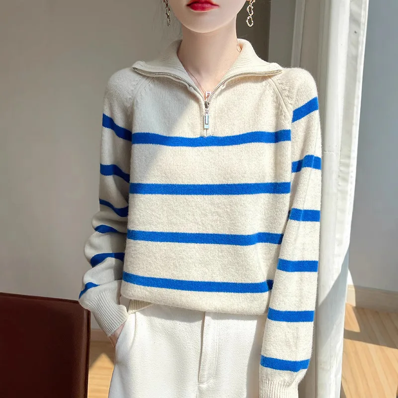 Double-Strand Thickened Wool Half-Open Zipper and Lapel Women's Pullover Autumn and Winter New Contrast Color Striped S