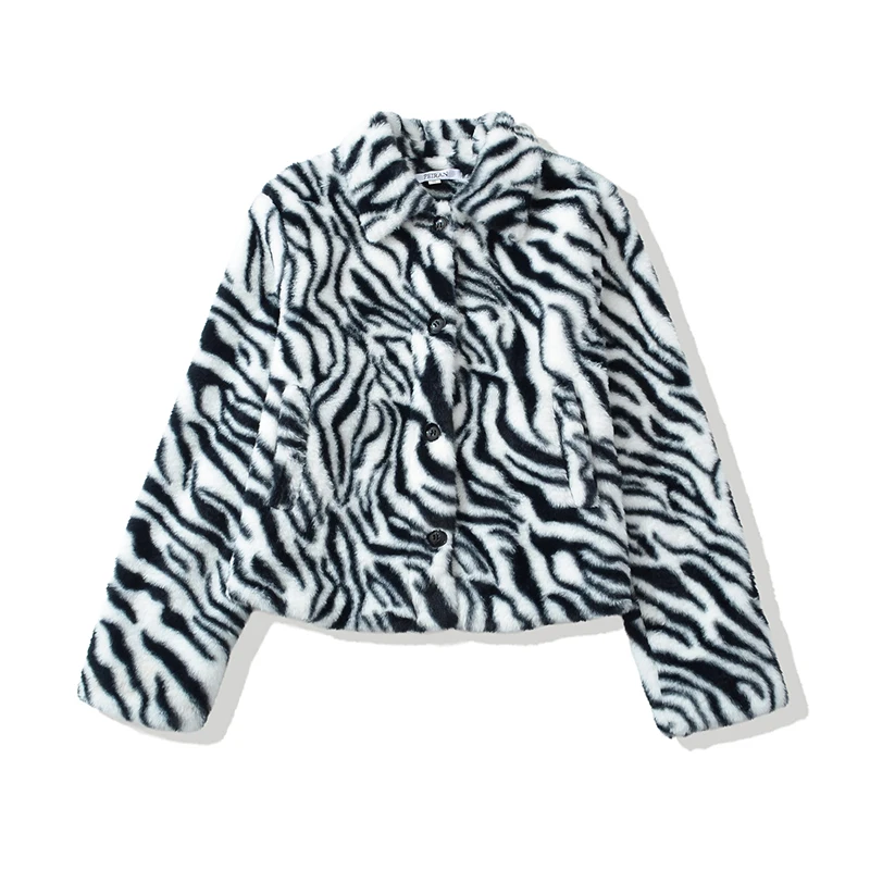 Ladies Black White Zebra Striped Fuzzy Furry Coat Long Sleeve Button Down Short Faux Fur Winter Jacket