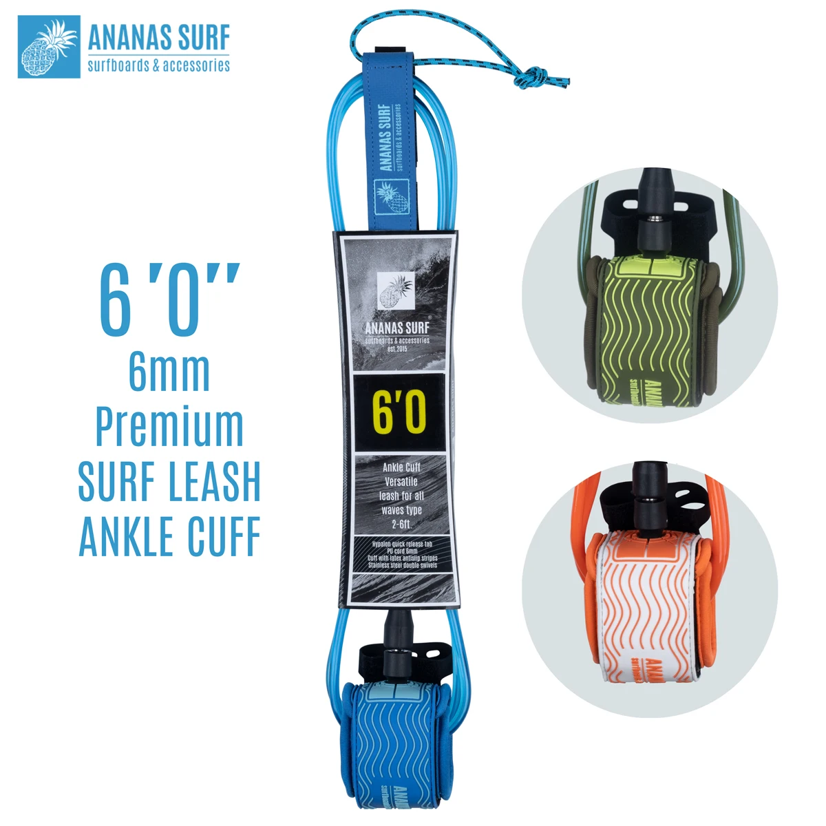 Ananas Surf Leash 6ft. 6mm. Premium Short Surfboard 183 cm. Ankle Cuff Foot Leg Rope Safety Cord TPU