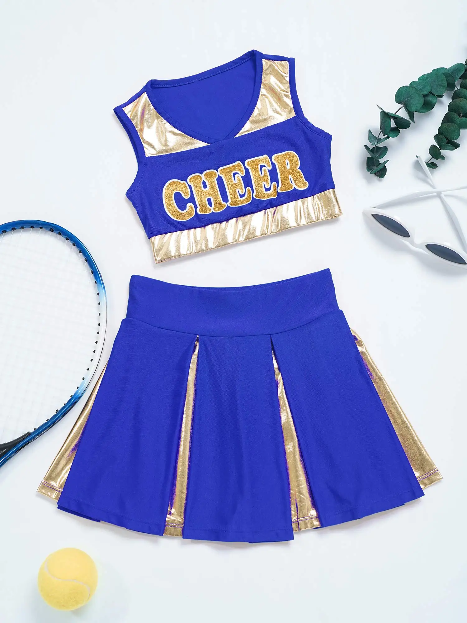 Kids Girls Cheerleading Dance Costumes Shiny Letter Print Patchwork Style Dance Dress Cheerleading Flower Set Dress Up Clothes