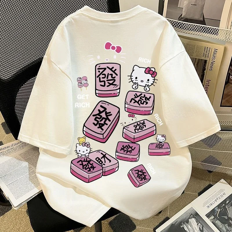 2026 Cute Japanese Cartoon Style Short Sleeved T-shirt for Women, Mahjong Printed Cotton Fashion Top Y2k Ins
