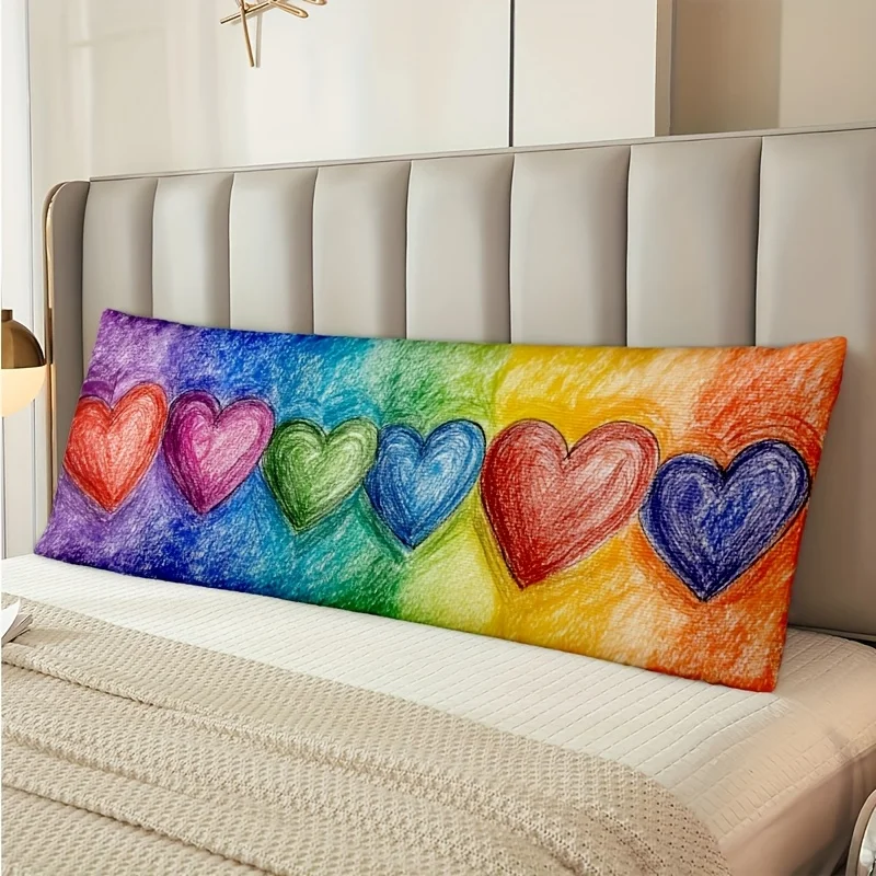 1pc Short Plush Multi-Color Heart Pattern Long Lumbar Pillow Cover, for Sofa Home Decor, 50.8X137.16 cm Double-Sided Printed, Pi