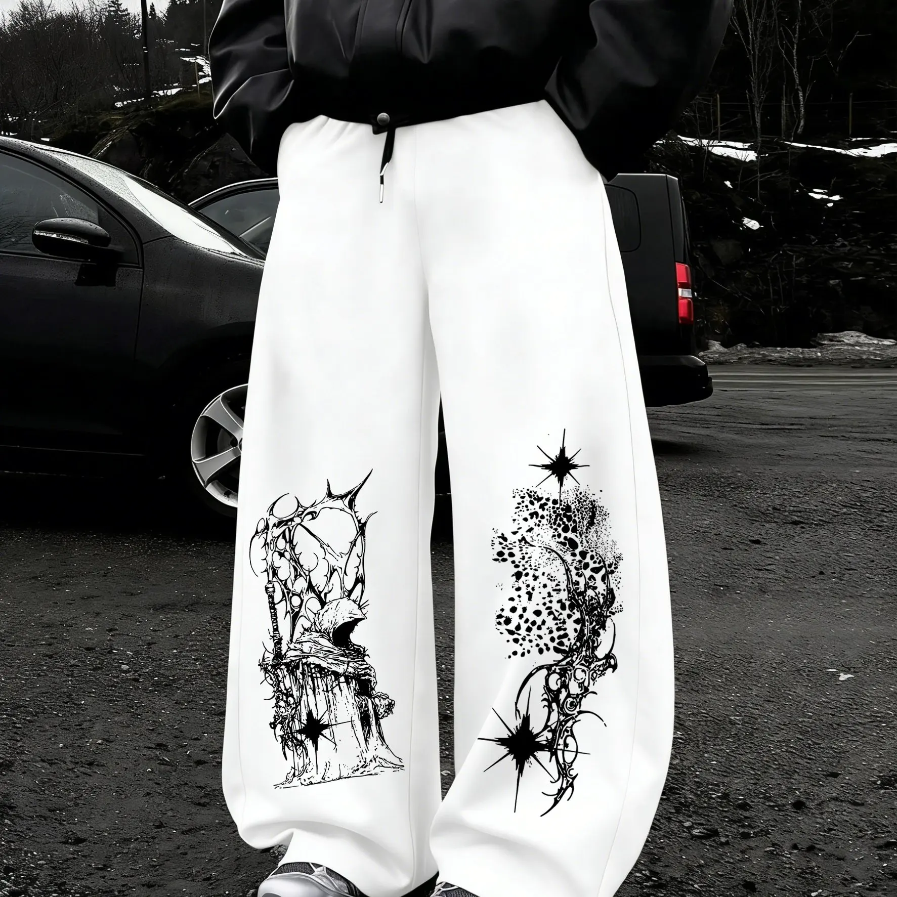 Men's Abstract Death Print Wide Leg Sports Pants, Gothic Streetwear Pants, Fashionable Casual Drawstring Wide Leg Pants