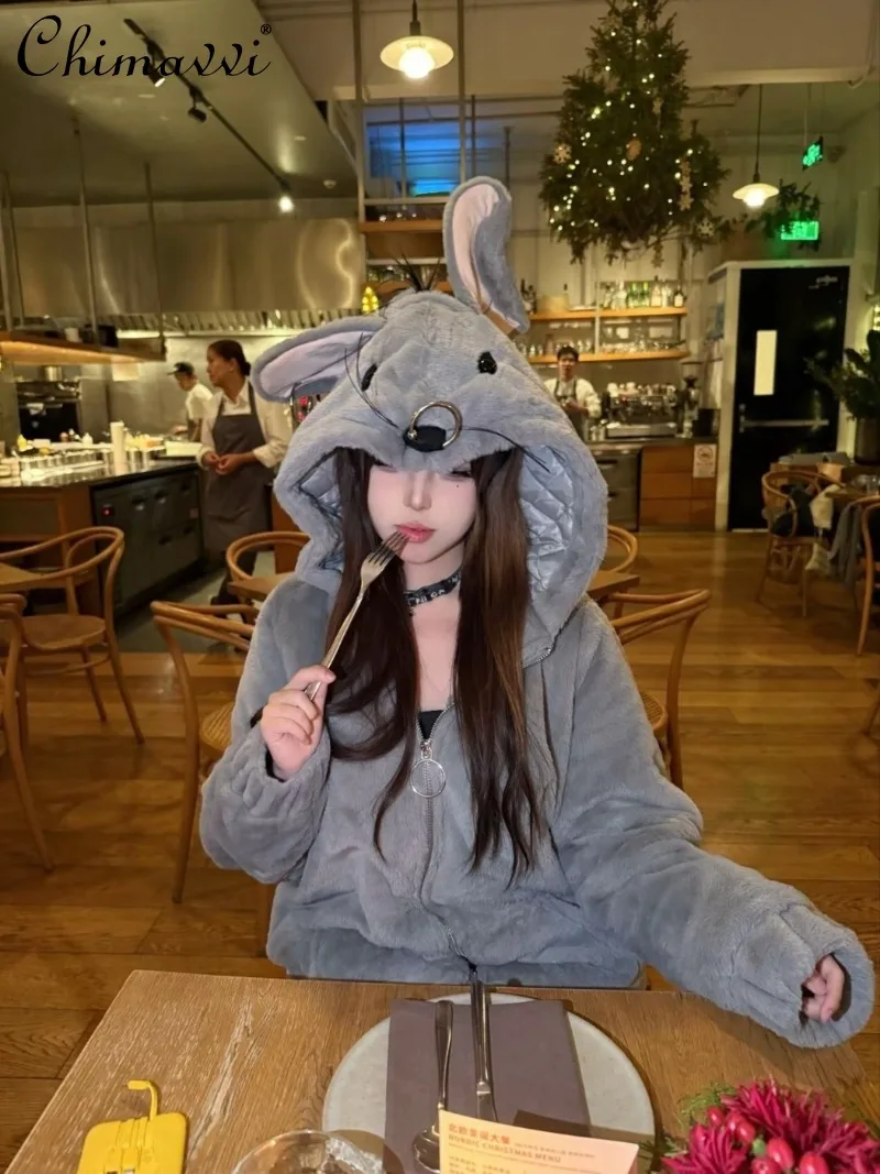 Japanese Subculture Cute Mouse Plush Jacket Halloween American Y2K Long Sleeve Loose Warm Coat Top 2025 Autumn Winter New